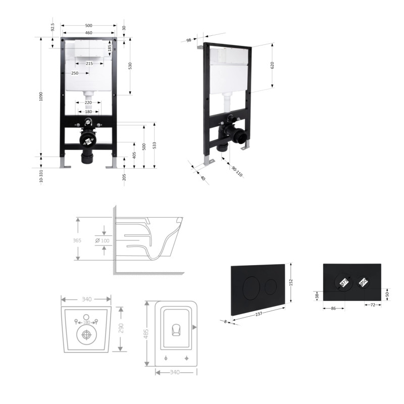 Готове рішення Qtap для ванної кімнати: підвісний унітаз Crow Rimless 485x340x330 + комплект інсталяції Standard (кругла клавіша Black) SD00057729