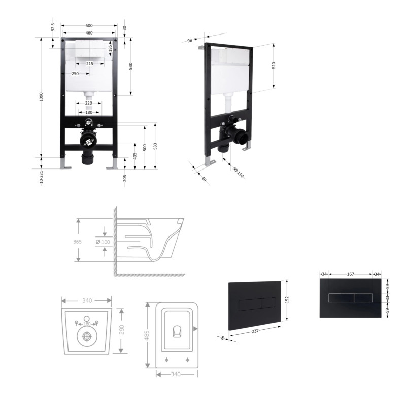 Готове рішення Qtap для ванної кімнати: підвісний унітаз Crow Rimless 485x340x330 + комплект інсталяції Standard (лінійна клавіша Black) SD00057732