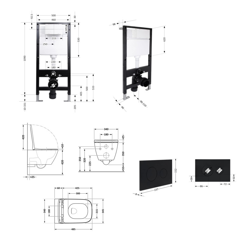 Готове рішення Qtap для ванної кімнати: підвісний унітаз Crow Ultra Quiet 485x340x290 + комплект інсталяції Standard (кругла клавіша Black) SD00057735