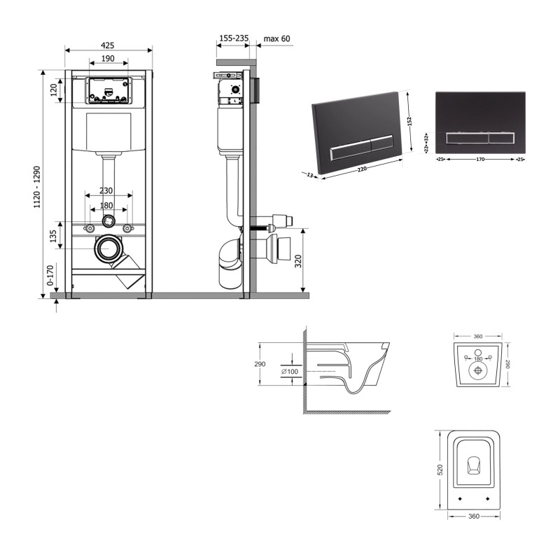 Готове рішення Qtap для ванної кімнати: підвісний унітаз Crow Ultra Quiet 520x360x290 + комплект інсталяції Nest 4 в 1 (лінійна клавіша Matt Black) SD00054320