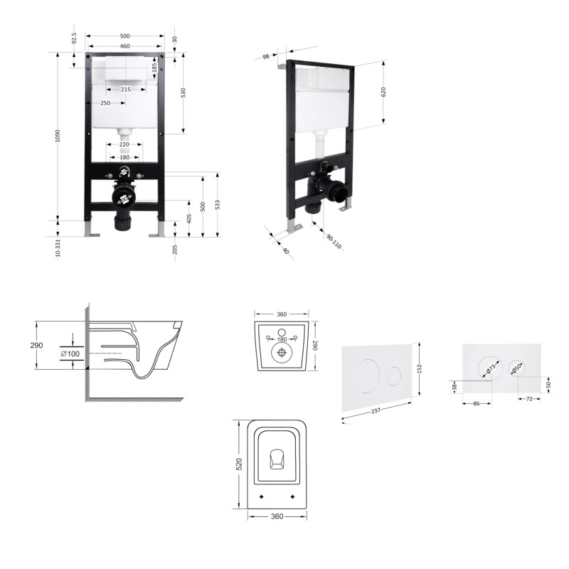 Готове рішення Qtap для ванної кімнати: підвісний унітаз Crow Ultra Quiet 520x360x290 + комплект інсталяції Standard (кругла клавіша White) SD00057740