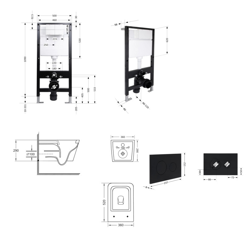 Готове рішення Qtap для ванної кімнати: підвісний унітаз Crow Ultra Quiet 520x360x290 + комплект інсталяції Standard (кругла клавіша Black) SD00057741