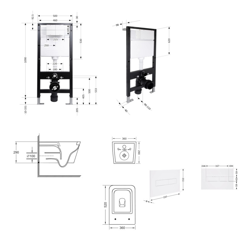 Готове рішення Qtap для ванної кімнати: підвісний унітаз Crow Ultra Quiet 520x360x290 + комплект інсталяції Standard (лінійна клавіша White) SD00057743
