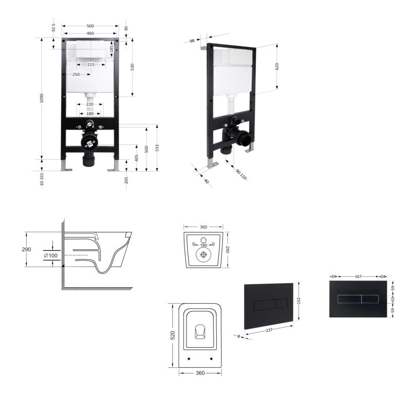 Готове рішення Qtap для ванної кімнати: підвісний унітаз Crow Ultra Quiet 520x360x290 + комплект інсталяції Standard (лінійна клавіша Black) SD00057744