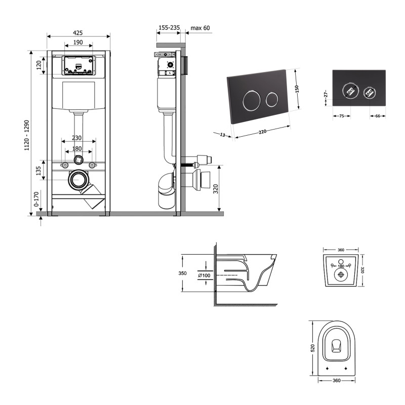 Готове рішення Qtap для ванної кімнати: підвісний унітаз Jay Ultra Quiet 520x360x320 + комплект інсталяції Nest 4 в 1 (кругла клавіша Matt Black) SD00054316