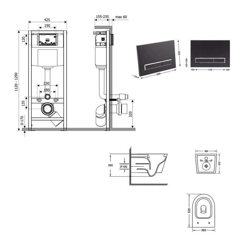 Готове рішення Qtap для ванної кімнати: підвісний унітаз Jay Ultra Quiet 520x360x320 + комплект інсталяції Nest 4 в 1 (лінійна клавіша Matt Black) SD00054319