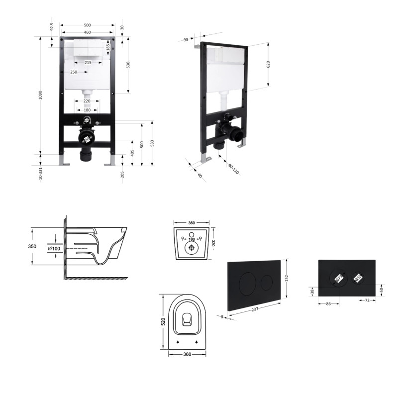 Готове рішення Qtap для ванної кімнати: підвісний унітаз Jay Ultra Quiet 520x360x320 + комплект інсталяції Standard (кругла клавіша Black) SD00057723