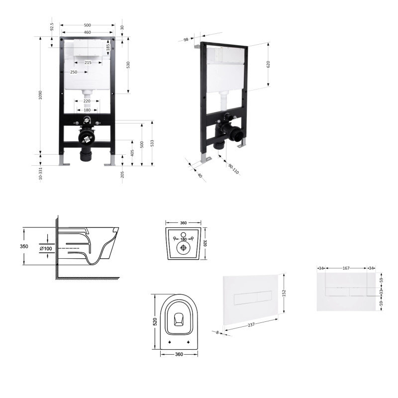 Готове рішення Qtap для ванної кімнати: підвісний унітаз Jay Ultra Quiet 520x360x320 + комплект інсталяції Standard (лінійна клавіша White) SD00057725