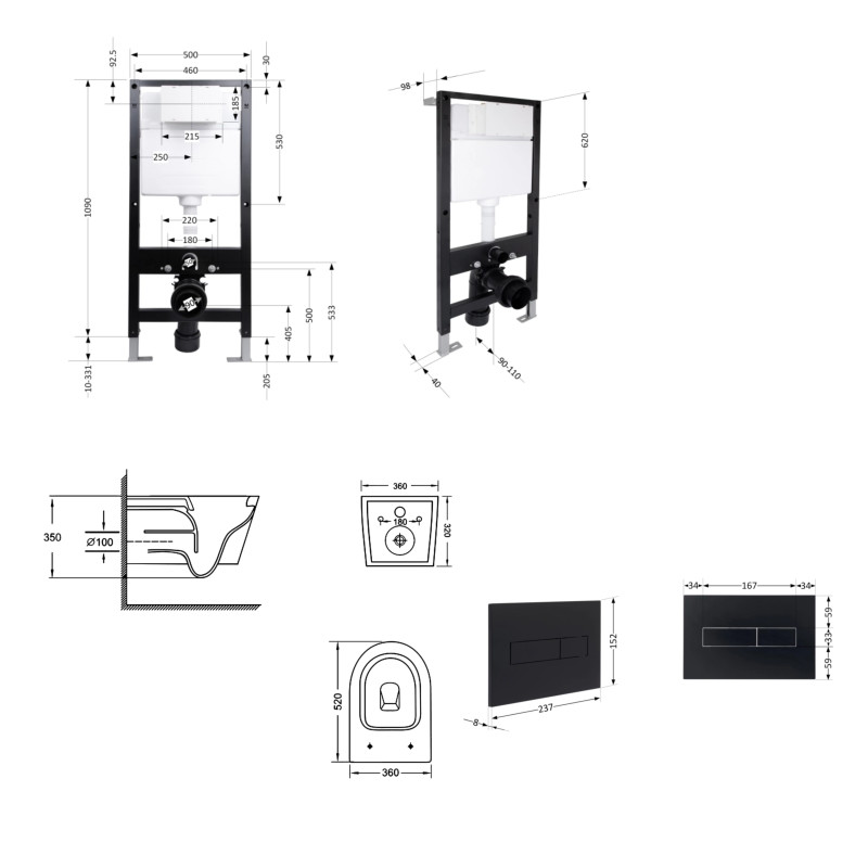 Готове рішення Qtap для ванної кімнати: підвісний унітаз Jay Ultra Quiet 520x360x320 + комплект інсталяції Standard (лінійна клавіша Black) SD00057726