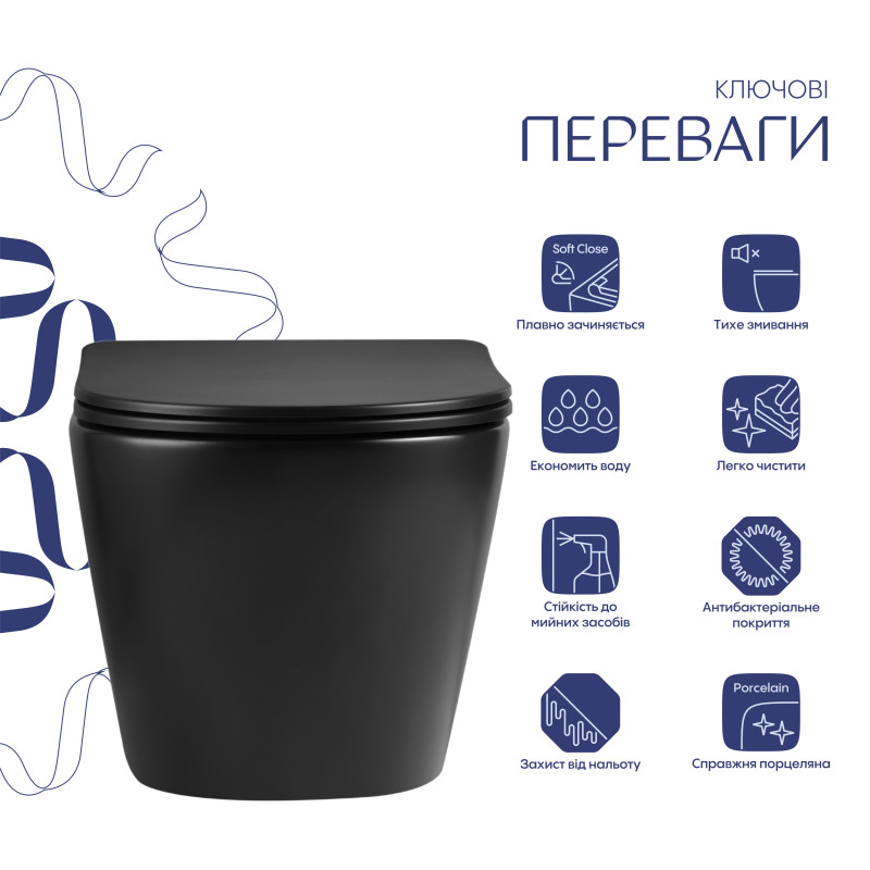 Унітаз підвісний Qtap Jay Ultra Quiet 485х360х320 мм, Matt Black, сидінням Slim Duroplast/ Soft-close/ Quick Relase QT07335177MB SD00054232