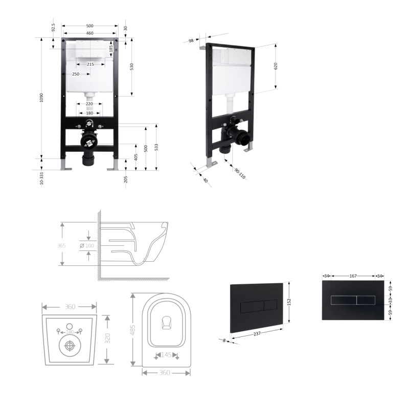 Готове рішення Qtap для ванної кімнати: підвісний унітаз Jay Ultra Quiet 485x360x320 + комплект інсталяції Standard (лінійна клавіша Black) SD00057840