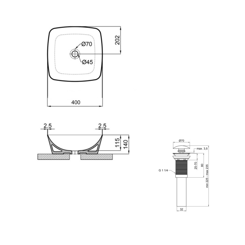 Комплект Qtap Kolibri: Раковина накладна 400x400x140 мм, White, квадратна + Донний клапан Pop-up PU02 SD00054590