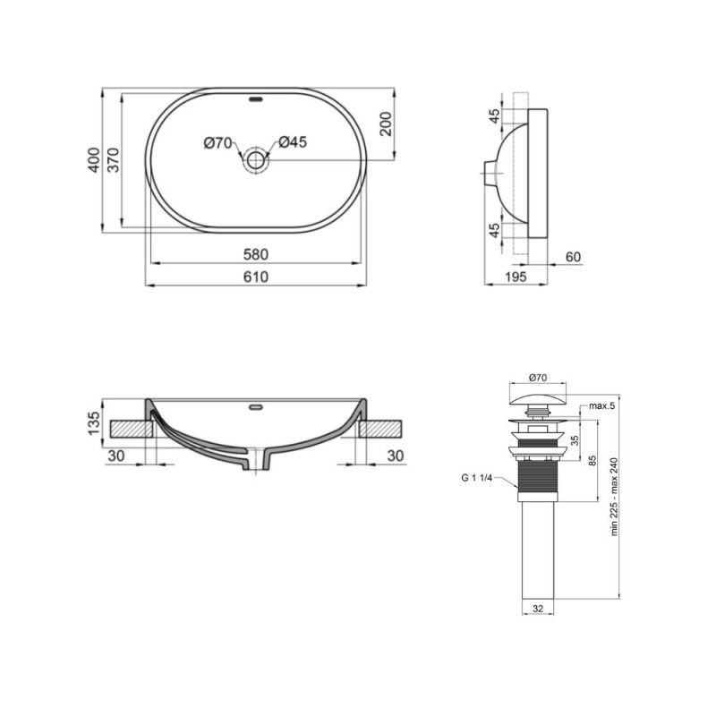 Qtap Комплект Leo: Раковина врізна овальна 590x400x170 мм White + Донний клапан PU02O