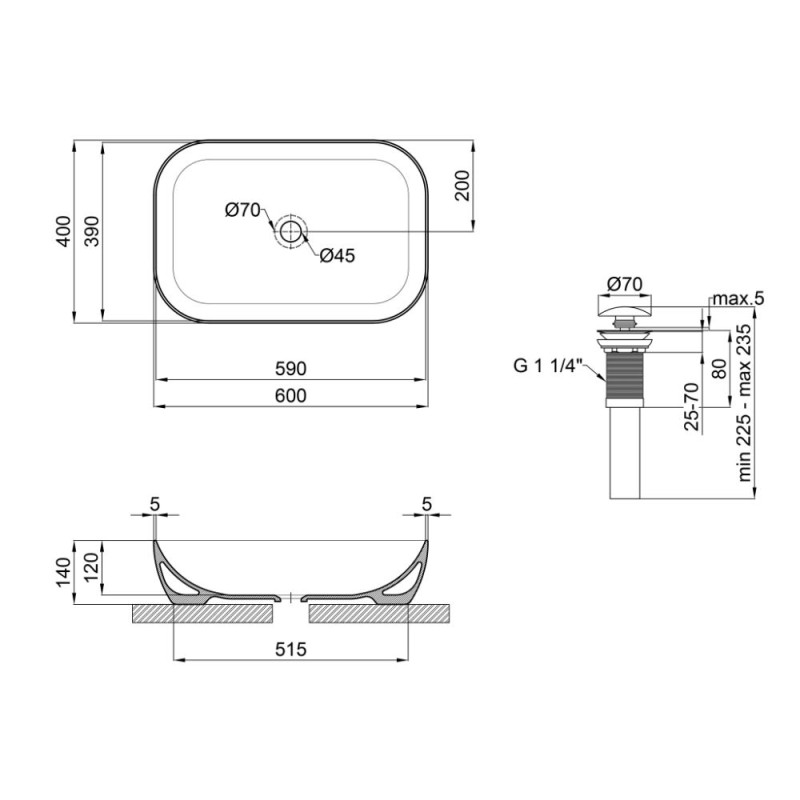 Qtap Комплект Robin: Раковина накладна прамокутна 610x400x145 мм White + Донний клапан PU02