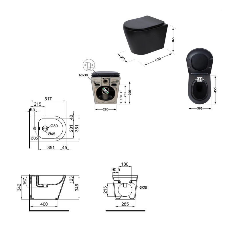 Qtap Комплект Scorpio Matt Black 2 в 1: унітаз підвісний Ultra Quiet QT14332380AMB + біде підвісне QT1455053FMB