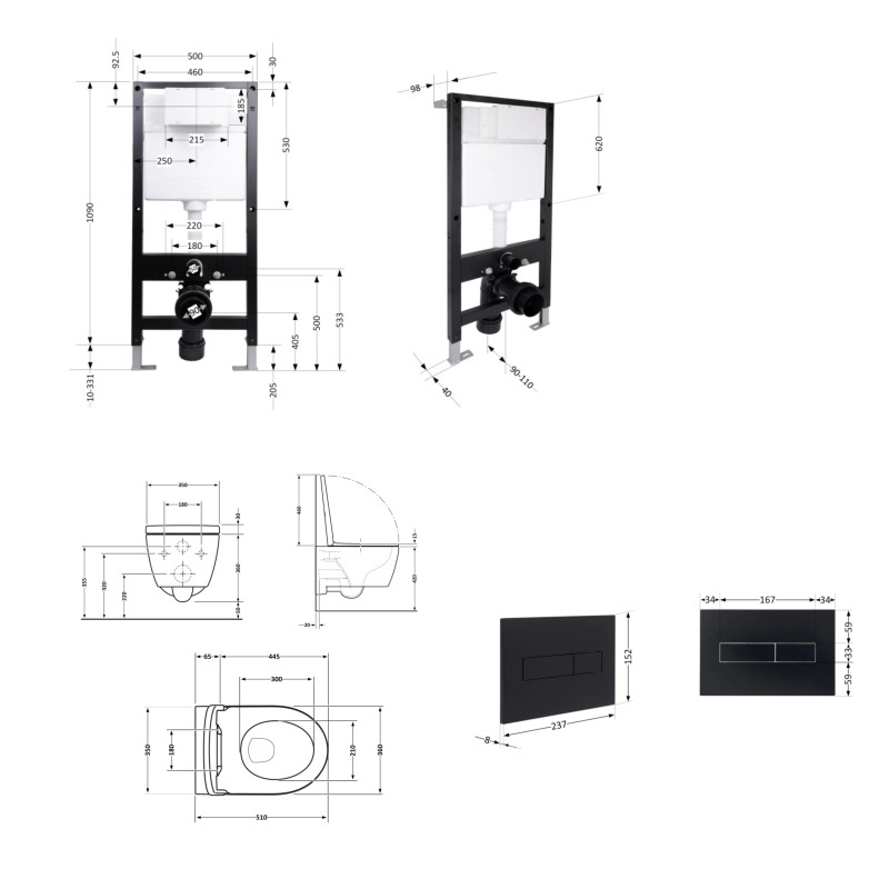 Готове рішення Qtap для ванної кімнати: підвісний унітаз Scorpio Ultra Quiet 520x365x365 + комплект інсталяції Standard (лінійна клавіша Black) SD00057834