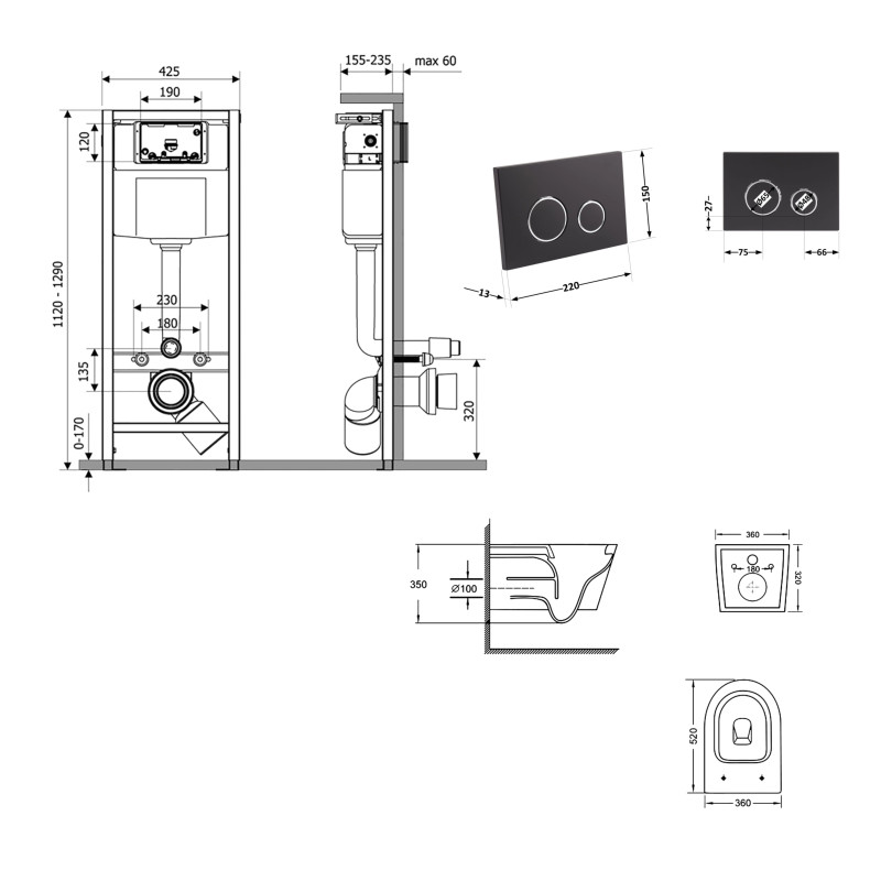 Готове рішення Qtap для ванної кімнати: підвісний унітаз Swan Ultra Quiet 520x360x320 + комплект інсталяції Nest 4 в 1 (кругла клавіша Matt Black) SD00054318