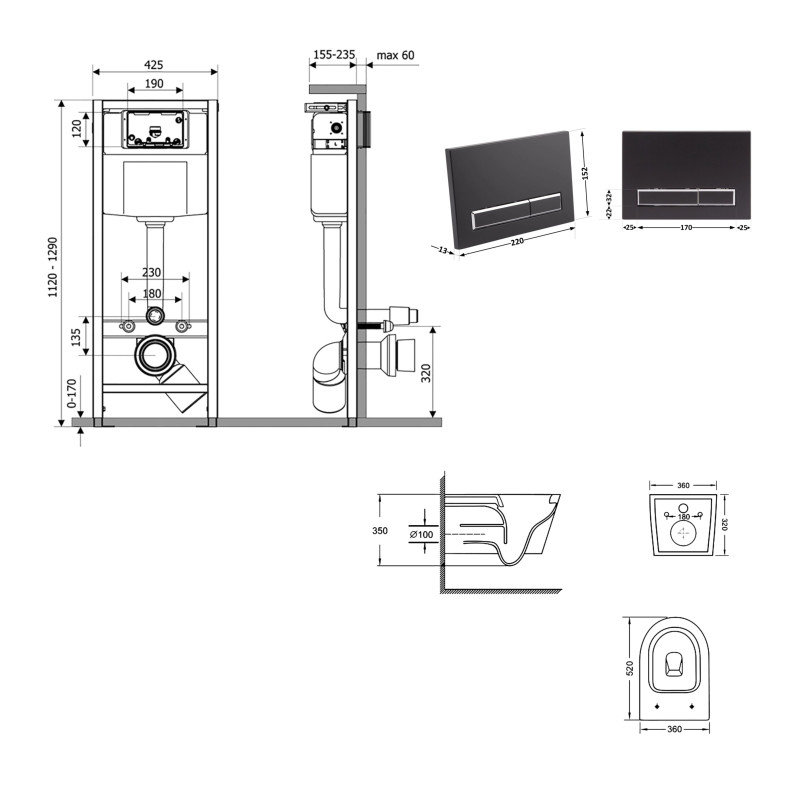 Готове рішення Qtap для ванної кімнати: підвісний унітаз Swan Ultra Quiet 520x360x320 + комплект інсталяції Nest 4 в 1 (лінійна клавіша Matt Black) SD00054321
