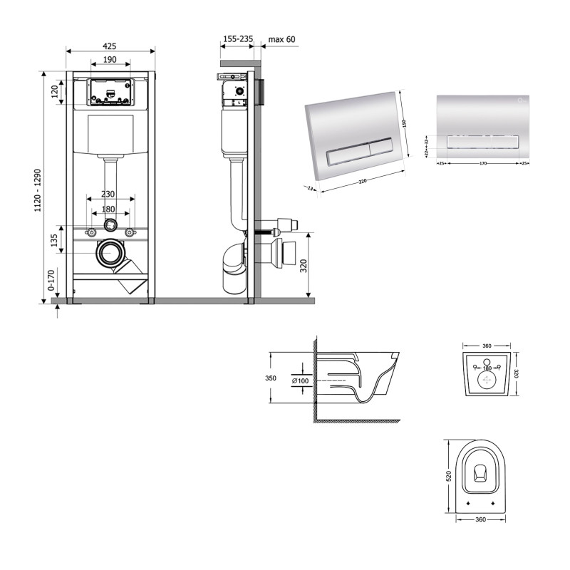 Готове рішення Qtap для ванної кімнати: підвісний унітаз Swan Ultra Quiet 520x360x320 + комплект інсталяції Nest 4 в 1 (лінійна клавіша Chrome) SD00054324