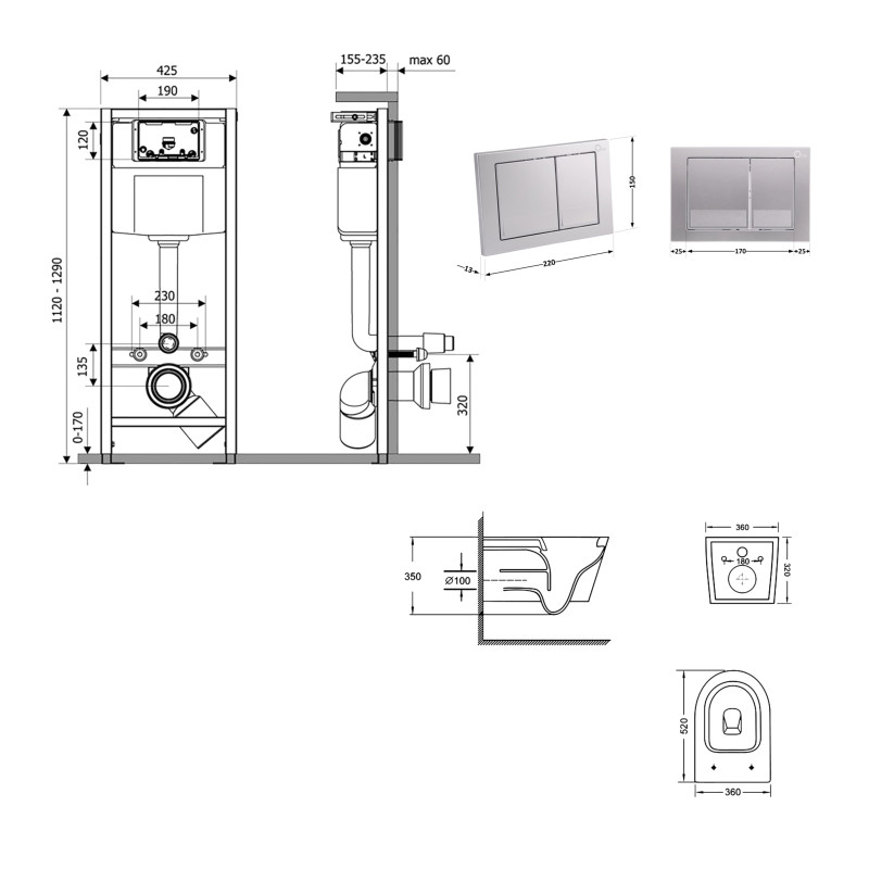 Готове рішення Qtap для ванної кімнати: підвісний унітаз Swan Ultra Quiet 520x360x320 + комплект інсталяції Nest 4 в 1 (квадратна клавіша Satin) SD00054330
