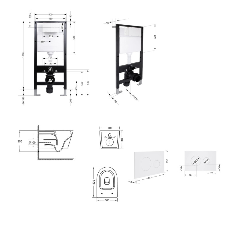 Готове рішення Qtap для ванної кімнати: підвісний унітаз Swan Ultra Quiet 520x360x320 + комплект інсталяції Standard (кругла клавіша White) SD00057764