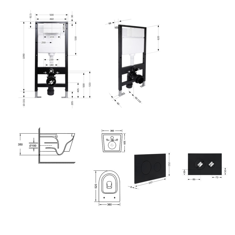 Готове рішення Qtap для ванної кімнати: підвісний унітаз Swan Ultra Quiet 520x360x320 + комплект інсталяції Standard (кругла клавіша Black) SD00057765