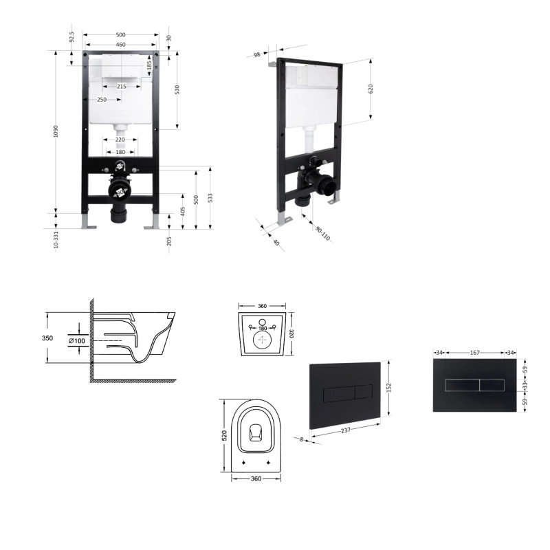 Готове рішення Qtap для ванної кімнати: підвісний унітаз Swan Ultra Quiet 520x360x320 + комплект інсталяції Standard (лінійна клавіша Black) SD00057768