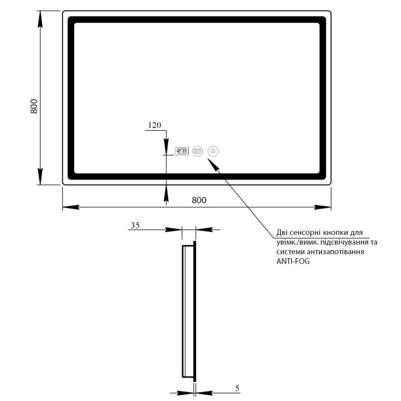 Qtap Дзеркало Mideya 800x800 з LED-підсвічуванням Touch, з антизапотіванням, з годинником, димером, рег. яскравості QT2078NCF8080W