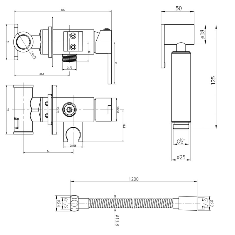 Qtap Набор для гігієнічного душу Inspai-Varius прямокутний QT259710842859NB Black Matt