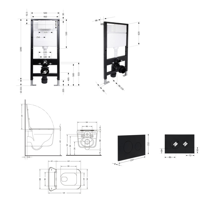 Готове рішення Qtap для ванної кімнати: підвісний унітаз Gemini Ultra Quiet 520x360x350 + комплект інсталяції Standard (кругла клавіша Black) SD00057789