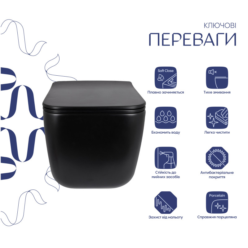 Унітаз підвісний Qtap Gemini Ultra Quiet 485×340×350 мм, Matt Black, з сидінням Slim Duroplast / Soft-close / Quick Release QTGEM28BLM50505 SD00056629