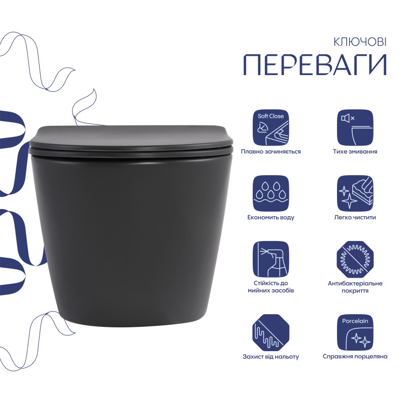Унітаз підвісний Qtap Robin Ultra Quiet 520×365×340 мм, Anthracite, з сидінням Slim Duroplast / Soft-close / Quick Release QTROB26AN48995 SD00055119