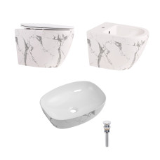 Комплект Qtap Robin Marble 3 в 1: підвісний унітаз Ultra Quiet + біде підвісне + раковина накладна QTROBMR49160 SD00055284