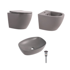 Комплект Qtap Robin Stone grey 3 в 1: підвісний унітаз Ultra Quiet + біде підвісне + раковина накладна QTROBSG49158 SD00055282