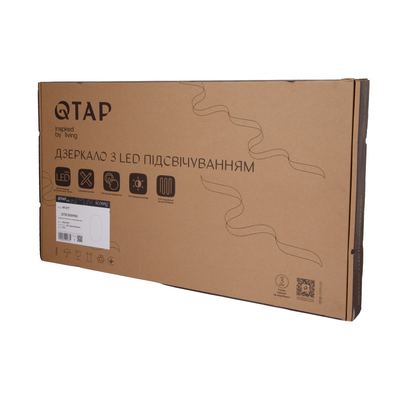 Дзеркало Qtap Scorpio (SC1) з LED-підсвічуванням Touch, з антизапотіванням, з димером, рег. темп. кольору (3000-6500K) Black QTSC500900 SD00055401