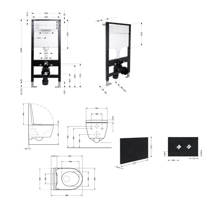 Готове рішення Qtap для ванної кімнати: підвісний унітаз Taurus Ultra Quiet 485x360x350 + комплект інсталяції Standard (кругла клавіша Black) SD00057771