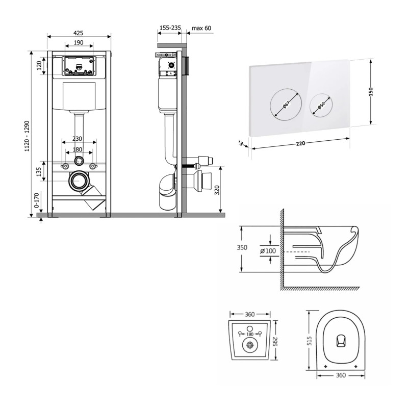 Готове рішення Qtap для ванної кімнати: підвісний унітаз Taurus Ultra Quiet 515×360×350 + комплект інсталяції Nest 4 в 1 (кругла клавіша White) SD00055990