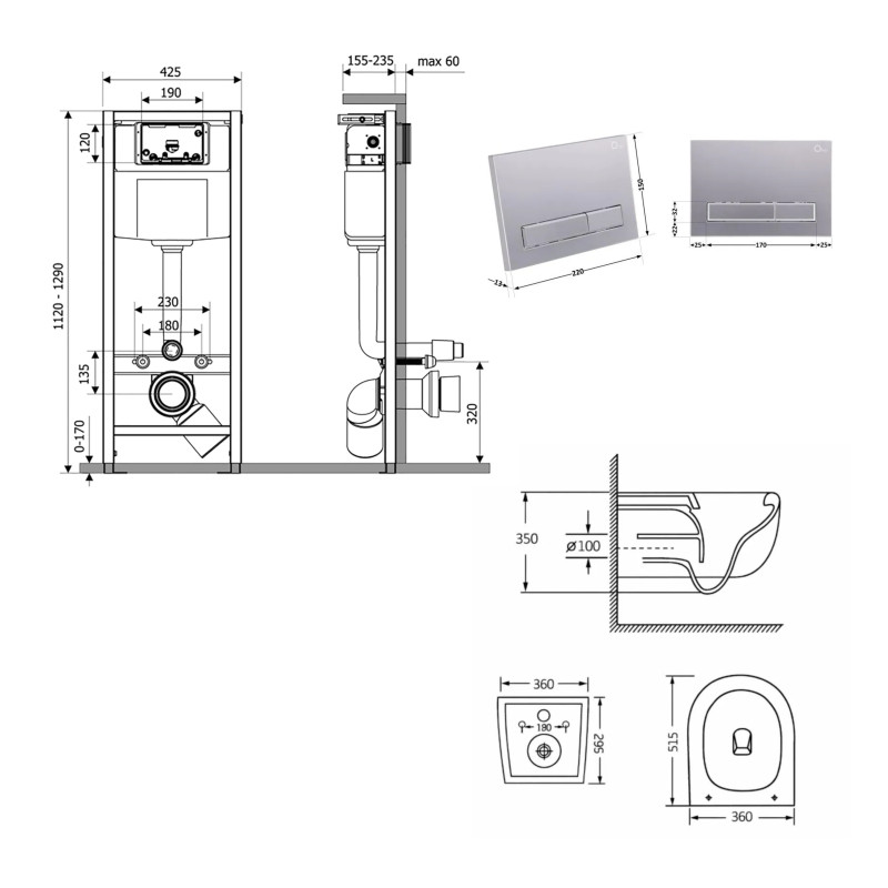 Готове рішення Qtap для ванної кімнати: підвісний унітаз Taurus Ultra Quiet 515×360×350 + комплект інсталяції Nest 4 в 1 (лінійна клавіша Satin) SD00055991