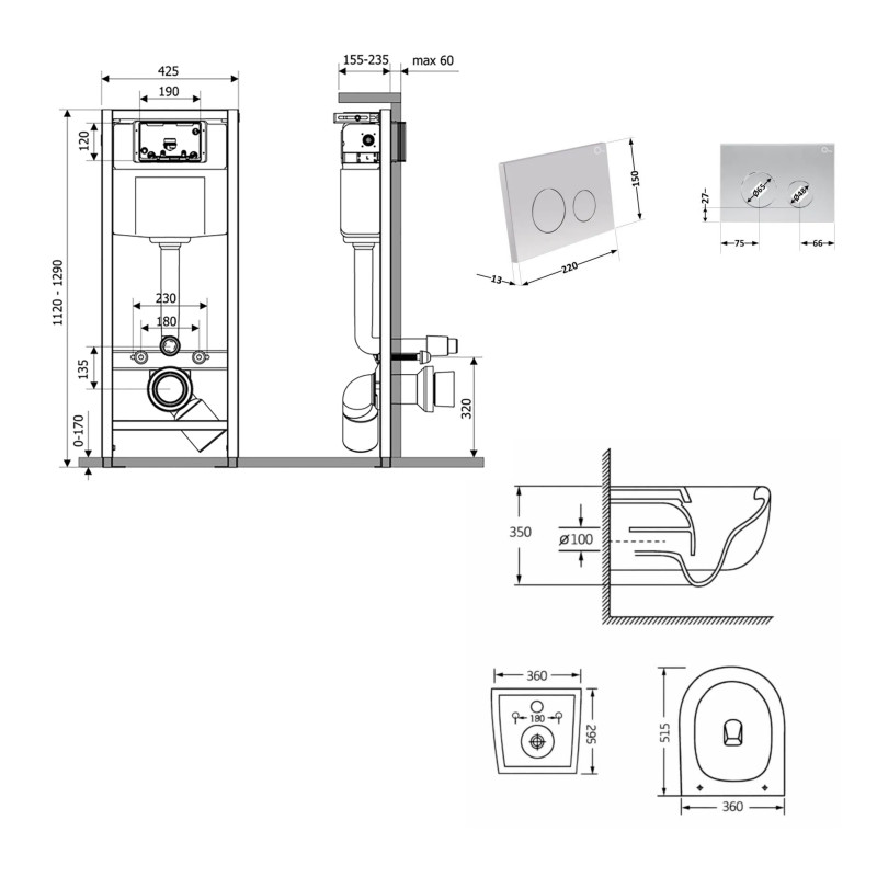 Готове рішення Qtap для ванної кімнати: підвісний унітаз Taurus Ultra Quiet 515×360×350 + комплект інсталяції Nest 4 в 1 (кругла клавіша Satin) SD00055992
