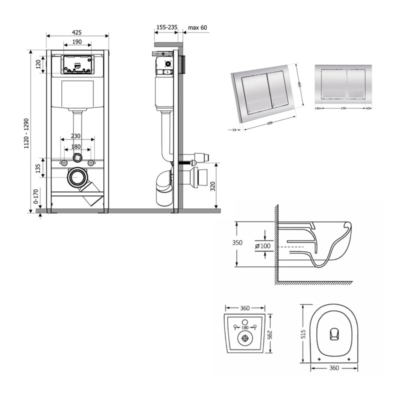 Готове рішення Qtap для ванної кімнати: підвісний унітаз Taurus Ultra Quiet 515×360×350 + комплект інсталяції Nest 4 в 1 (квадратна клавіша Chrome) SD00055995