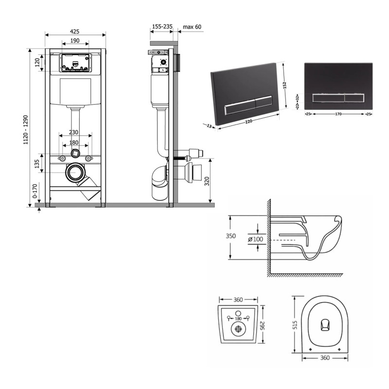 Готове рішення Qtap для ванної кімнати: підвісний унітаз Taurus Ultra Quiet 515×360×350 + комплект інсталяції Nest 4 в 1 (лінійна клавіша Matt Black) SD00055997