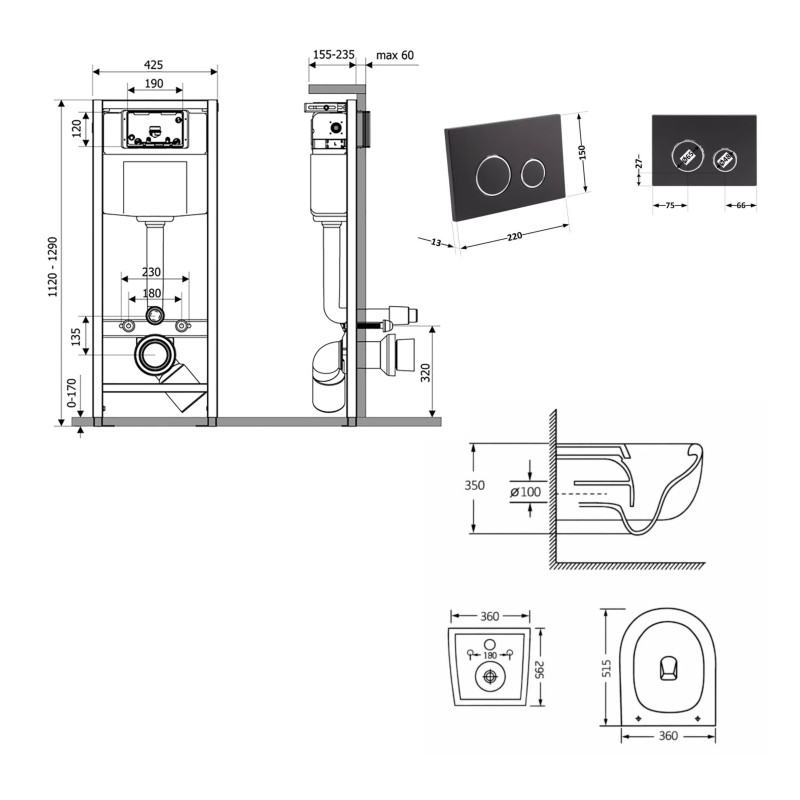 Готове рішення Qtap для ванної кімнати: підвісний унітаз Taurus Ultra Quiet 515×360×350 + комплект інсталяції Nest 4 в 1 (кругла клавіша Matt Black) SD00055998