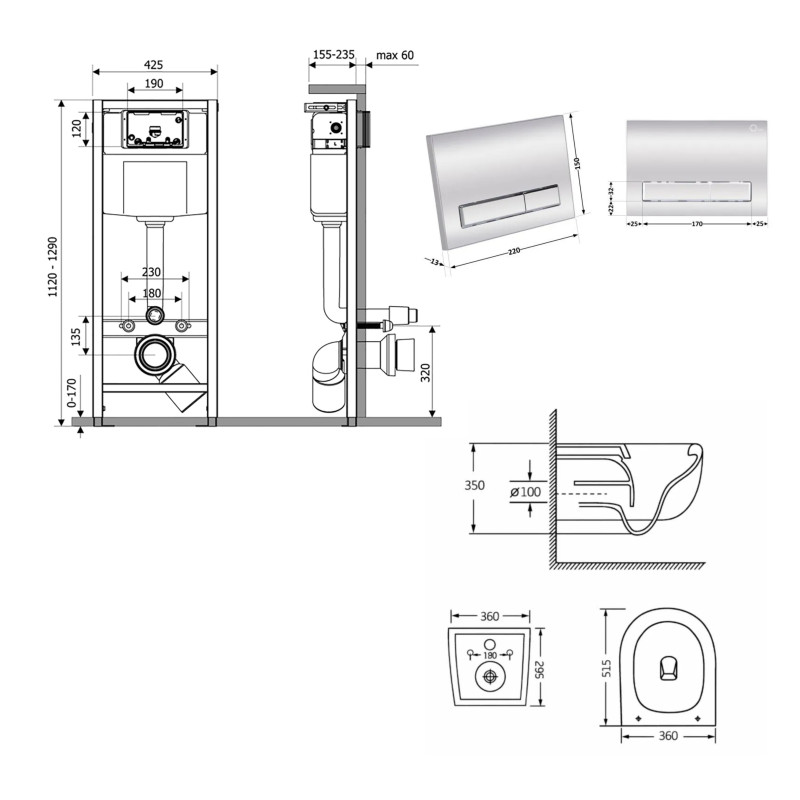 Готове рішення Qtap для ванної кімнати: підвісний унітаз Taurus Ultra Quiet 515×360×350 + комплект інсталяції Nest 4 в 1 (лінійна клавіша Chrome) SD00055999
