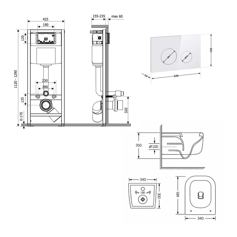 Готове рішення Qtap для ванної кімнати: підвісний унітаз Gemini Ultra Quiet 485×340×350 + комплект інсталяції Nest 4 в 1 (кругла клавіша White) SD00056000