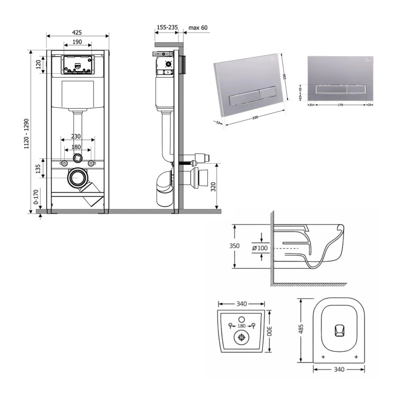 Готове рішення Qtap для ванної кімнати: підвісний унітаз Gemini Ultra Quiet 485×340×350 + комплект інсталяції Nest 4 в 1 (лінійна клавіша Satin) SD00056001