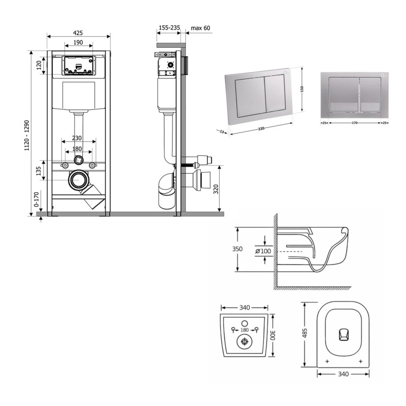 Готове рішення Qtap для ванної кімнати: підвісний унітаз Gemini Ultra Quiet 485×340×350 + комплект інсталяції Nest 4 в 1 (квадратна клавіша Satin) SD00056004