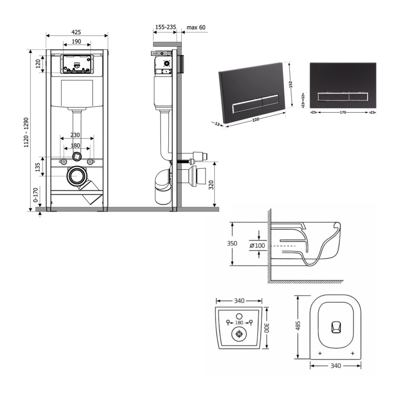 Готове рішення Qtap для ванної кімнати: підвісний унітаз Gemini Ultra Quiet 485×340×350 + комплект інсталяції Nest 4 в 1 (лінійна клавіша Matt Black) SD00056007