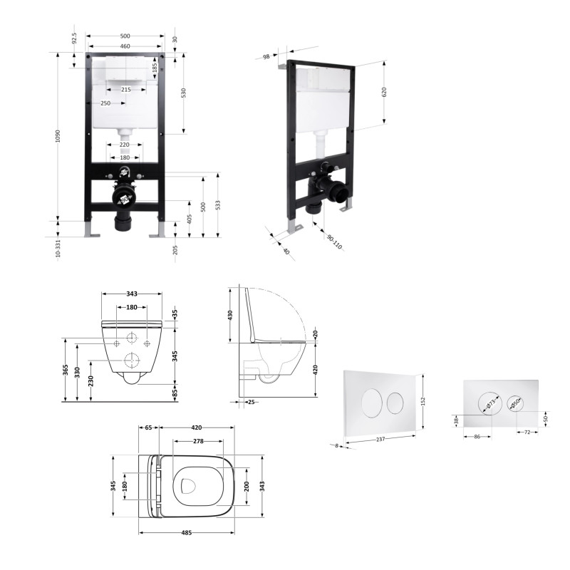 Готове рішення Qtap для ванної кімнати: підвісний унітаз Gemini Ultra Quiet 485x340x350 + комплект інсталяції Standard (кругла клавіша Chrome) SD00057781