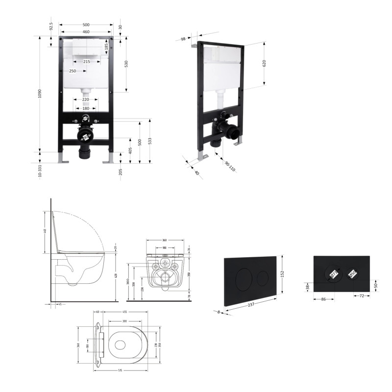 Готове рішення Qtap для ванної кімнати: підвісний унітаз Taurus Ultra Quiet 515x360x350 + комплект інсталяції Standard (кругла клавіша Black) SD00057849
