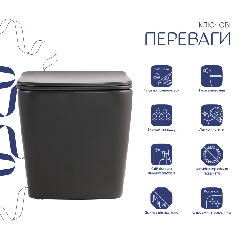 Унітаз підвісний Qtap Tern Ultra Quiet 520×345×325 мм, Anthracite, з сидінням Slim Duroplast / Soft-close / Quick Release QTTER26AN48999 SD00055123